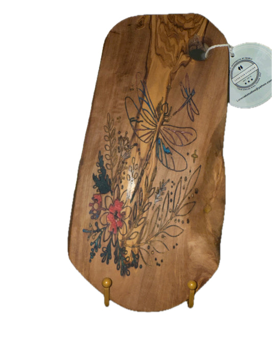 Olive Wood Live Edge Cutting/Serving Board with Dragonflies