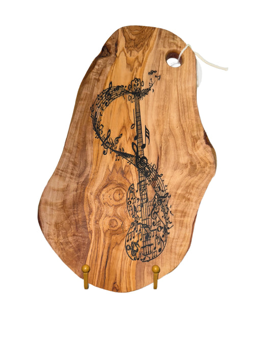 Olive Wood Live Edge Cutting/Serving Board with Guitar Laser Image