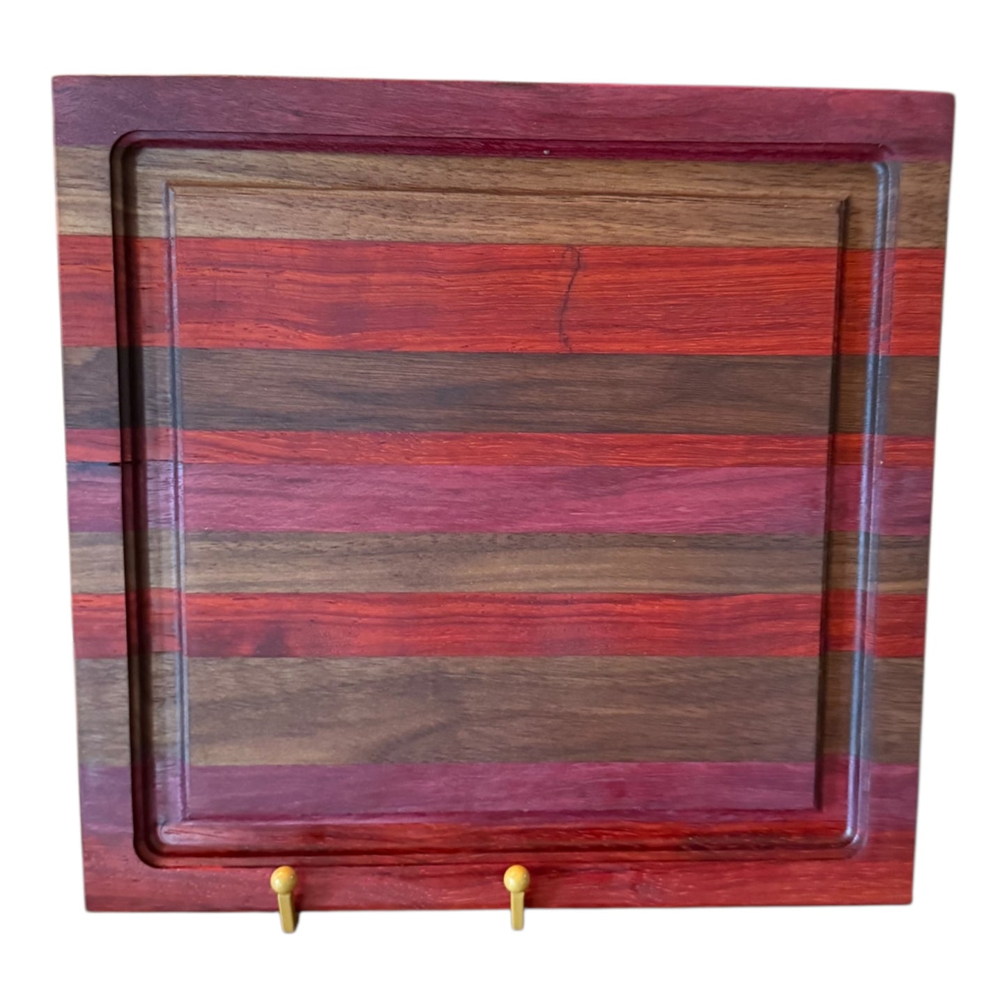 Cutting Board with Juice Groove Approximately 10 1/2"x10 1/4", Padauk, Walnut and Purple Heart Wood (23125)
